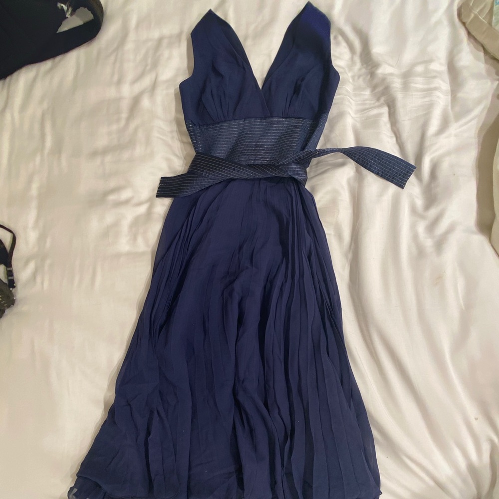 BCBG Paris navy and gold belted cocktail dress